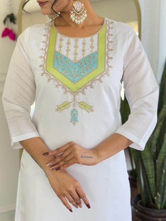 The52 White Women's Viscose Chanderi Fabric Straight Kurta, Pant and Dupatta Set | Grocsy