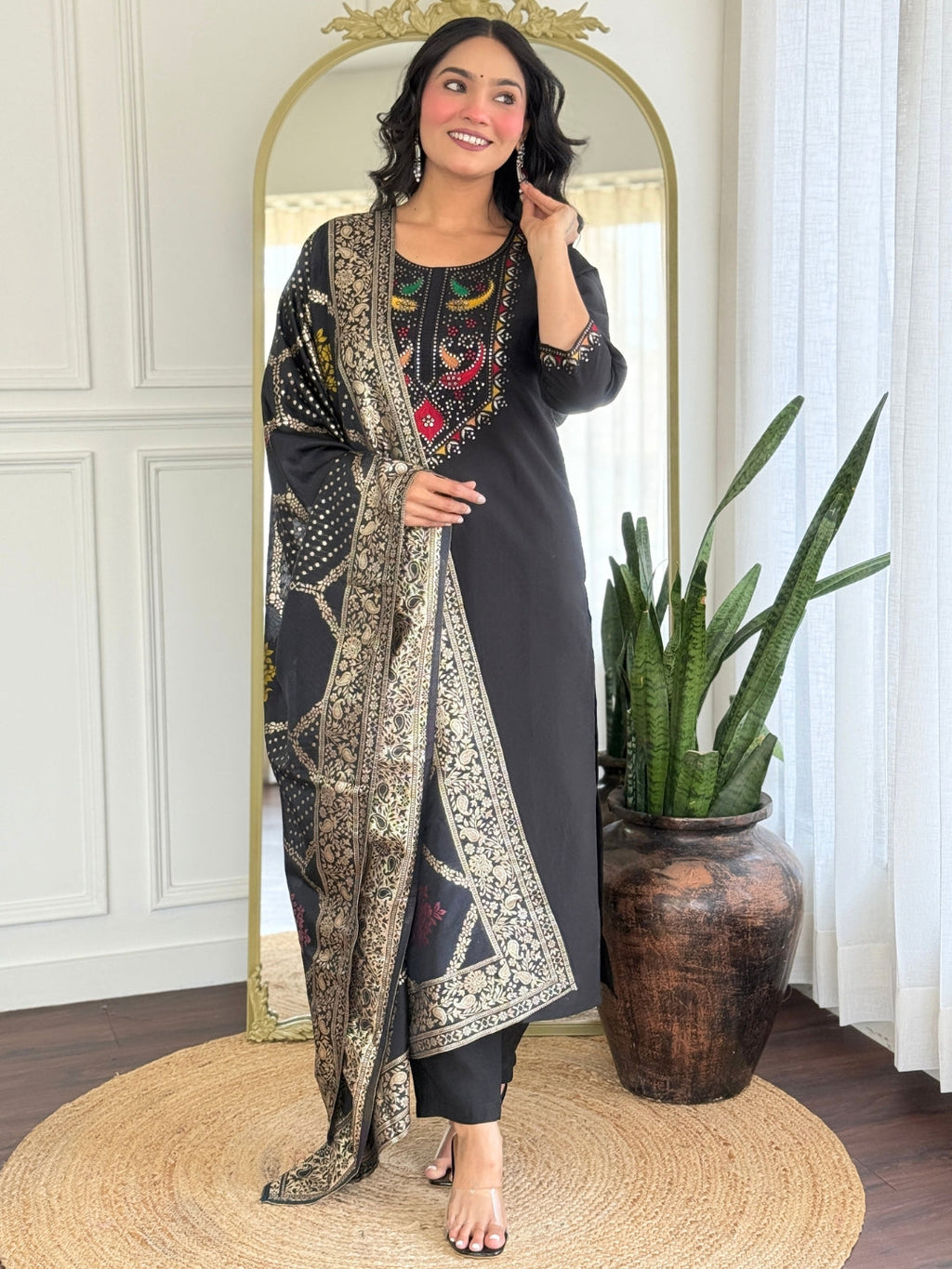 The52 Women Gorgeous Roman Silk Fabric Straight Kurta, Pant and Dupatta Set | Grocsy