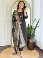 The52 Women Gorgeous Roman Silk Fabric Straight Kurta, Pant and Dupatta Set | Grocsy