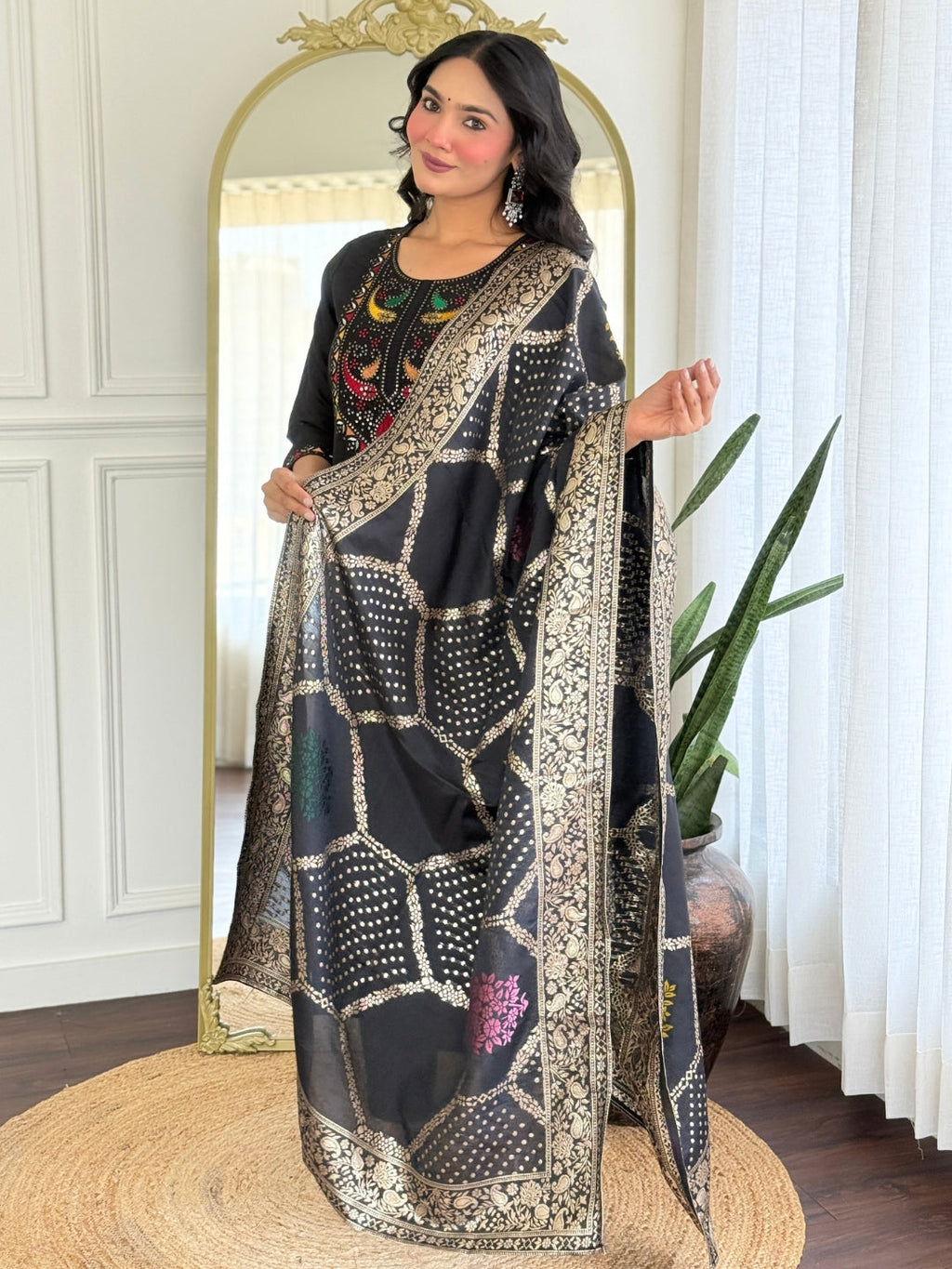 The52 Women Gorgeous Roman Silk Fabric Straight Kurta, Pant and Dupatta Set | Grocsy