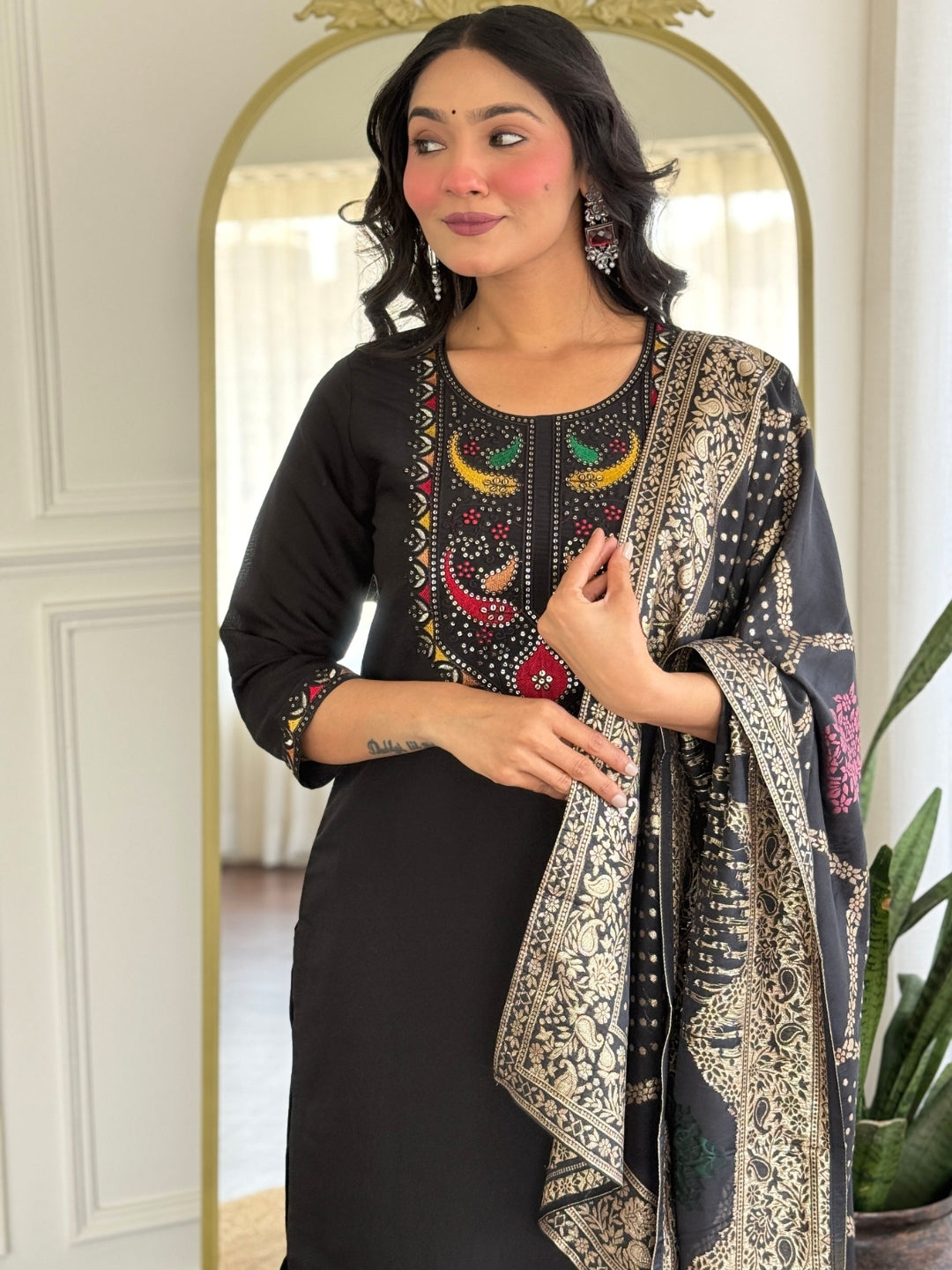 The52 Women Gorgeous Roman Silk Fabric Straight Kurta, Pant and Dupatta Set | Grocsy