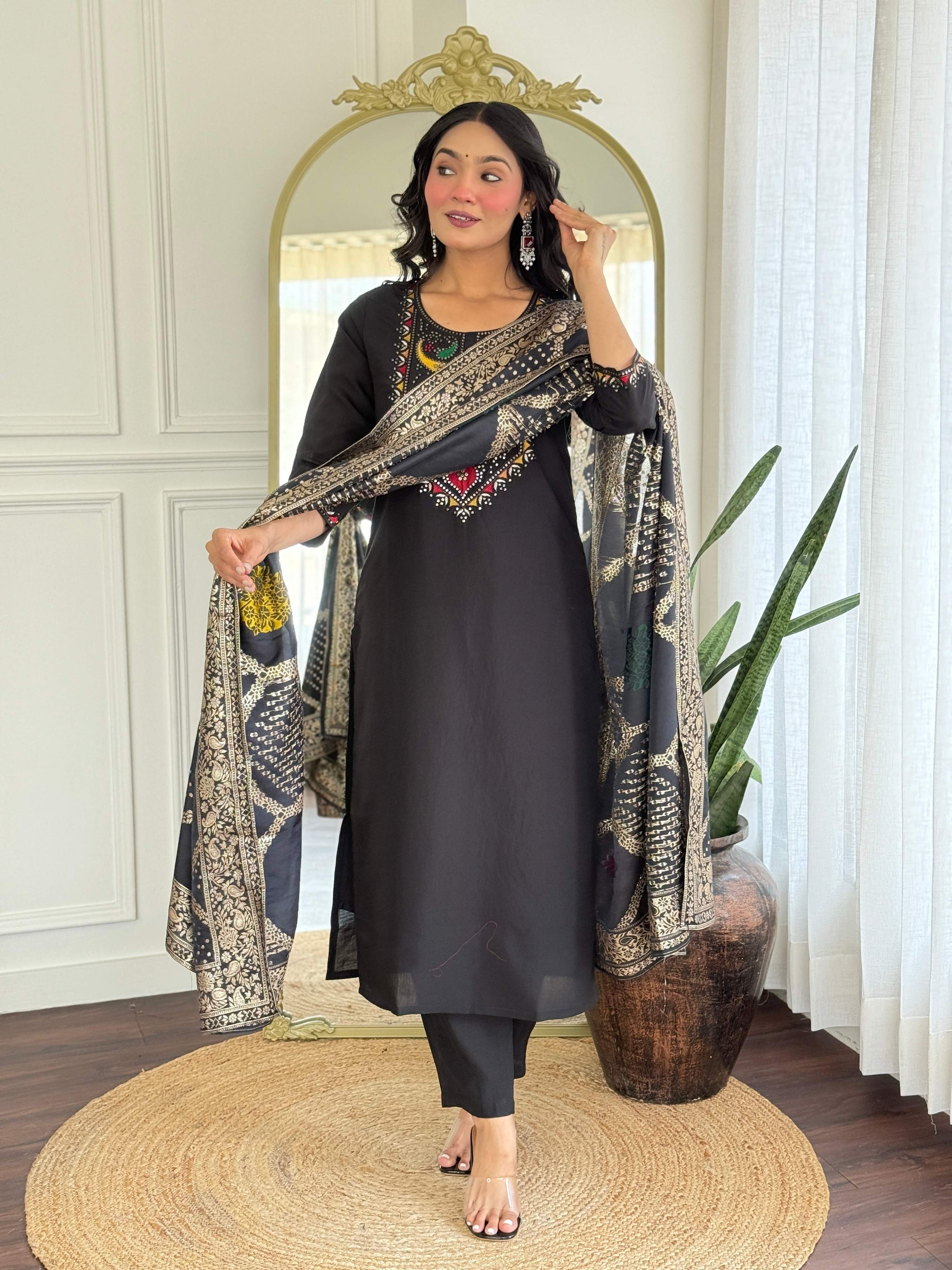 The52 Women Gorgeous Roman Silk Fabric Straight Kurta, Pant and Dupatta Set | Grocsy