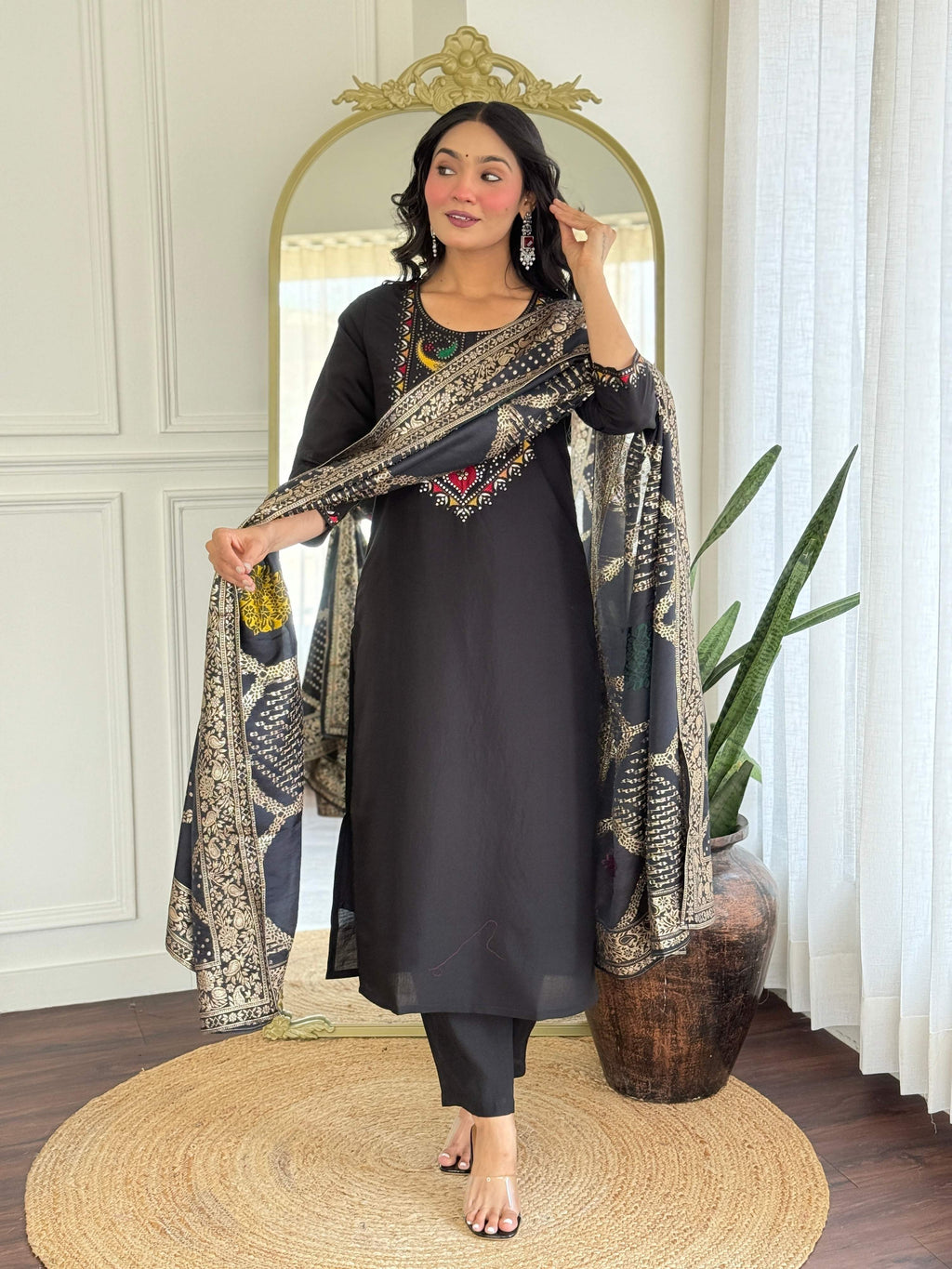 The52 Women Gorgeous Roman Silk Fabric Straight Kurta, Pant and Dupatta Set | Grocsy