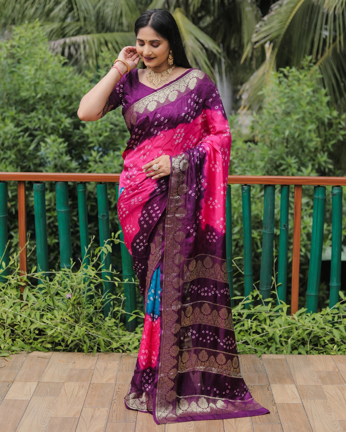 Anaita Pink Woven Design Pure Bandhej Soft Silk Saree | Grocsy