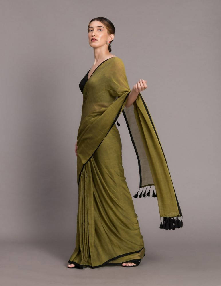 Suta Olive Green Black Solid Pure Cotton Saree | Grocsy