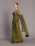 Suta Olive Green Black Solid Pure Cotton Saree | Grocsy
