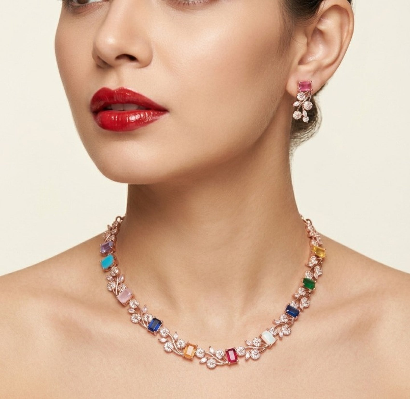 Jewel City Multi-Color Gemstone Floral Necklace Set - Handcrafted 18K Rose Gold Plated Jewellery for Weddings & Parties | Grocsy