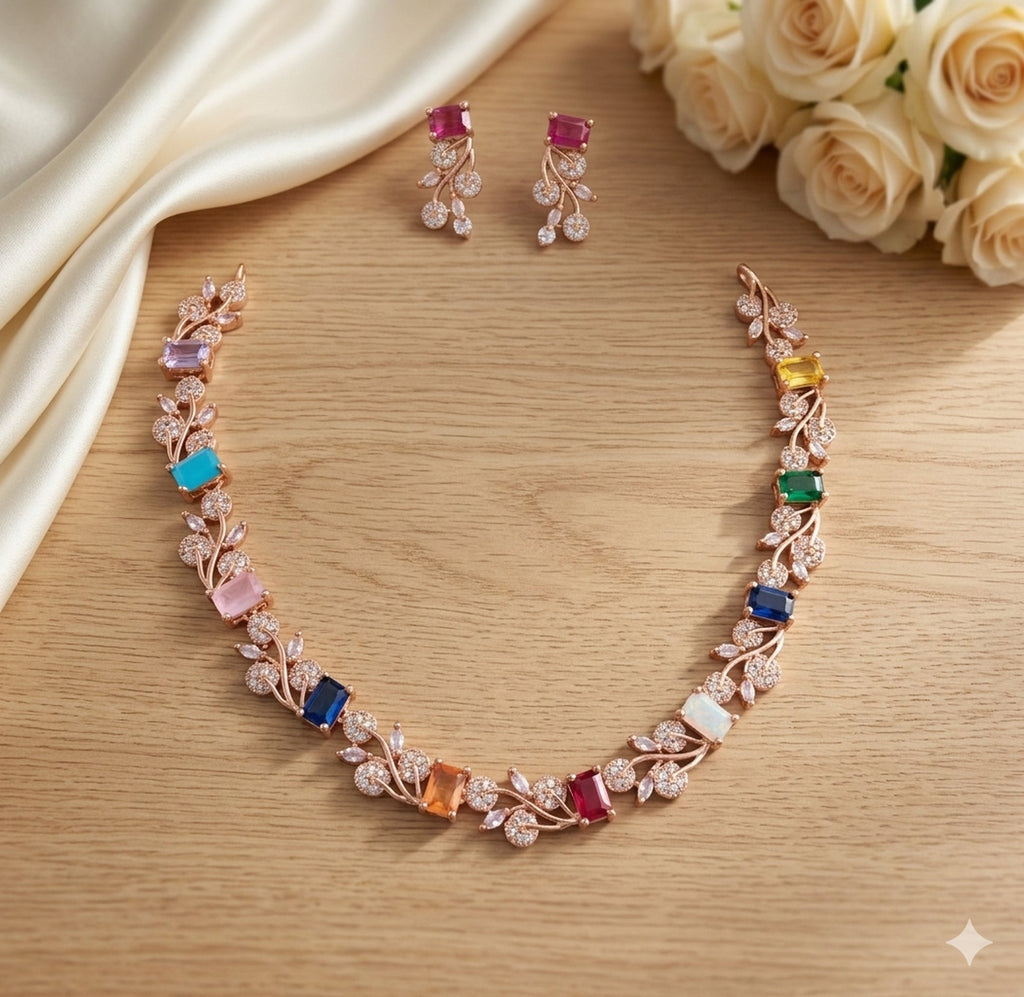 Jewel City Multi-Color Gemstone Floral Necklace Set - Handcrafted 18K Rose Gold Plated Jewellery for Weddings & Parties | Grocsy