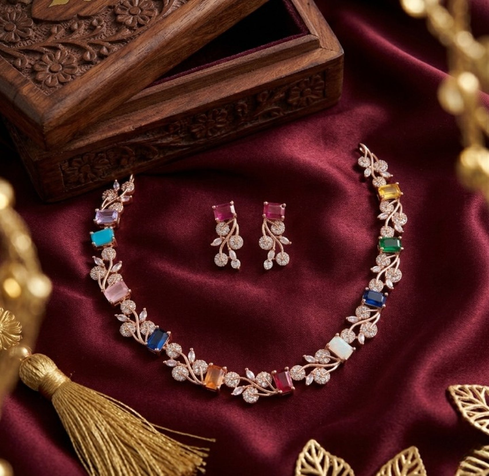 Jewel City Multi-Color Gemstone Floral Necklace Set - Handcrafted 18K Rose Gold Plated Jewellery for Weddings & Parties | Grocsy
