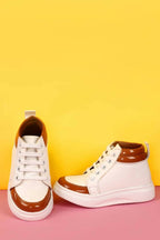 Tiny Bugs For Boys & Girls Mid Top Sneakers - White & Tan | Grocsy