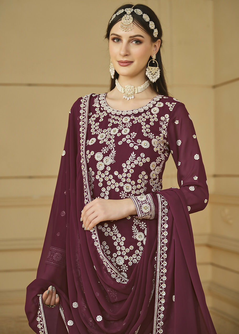 Burgundy Wine Embroidered Georgette Gharara Style Suit - Emponline | Grocsy