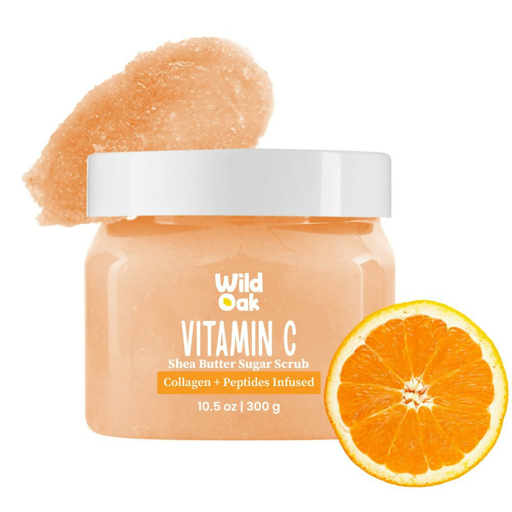 Wild Oak Vitamin C Shea Butter Sugar Scrub with AHA, Vegan Collagen & Peptides For Tan Removal & Smooth Skin | Grocsy
