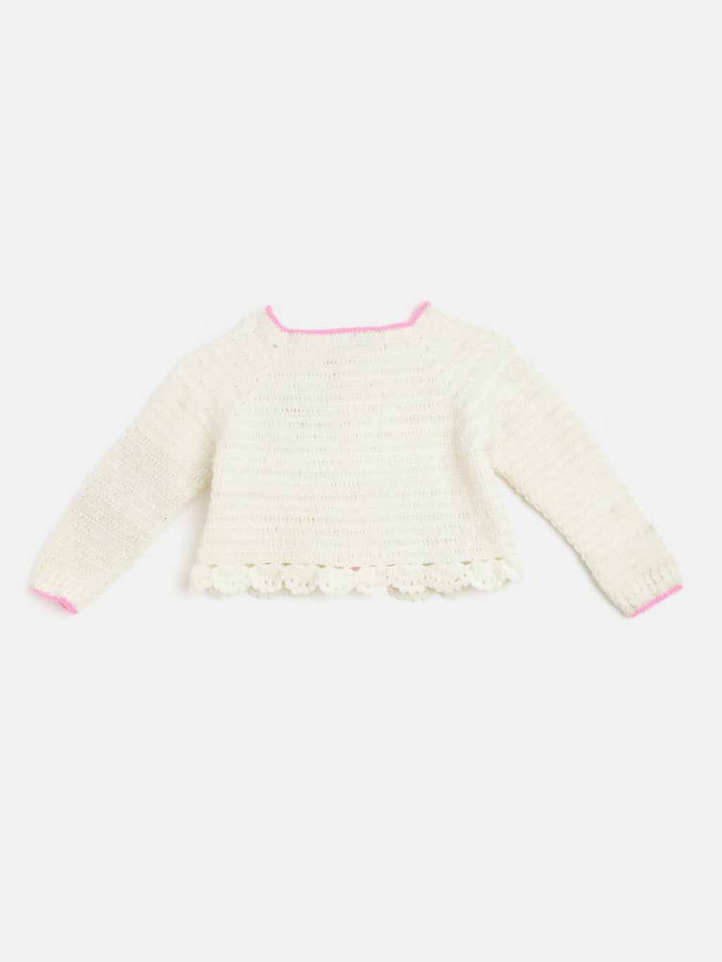 Chutput Kids Woollen Hand Knitted Full Sleeves Cardigan With Short Sleeves Flower Work Dress For Baby Girls - Cream | Grocsy