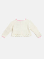 Chutput Kids Woollen Hand Knitted Full Sleeves Cardigan With Short Sleeves Flower Work Dress For Baby Girls - Cream | Grocsy