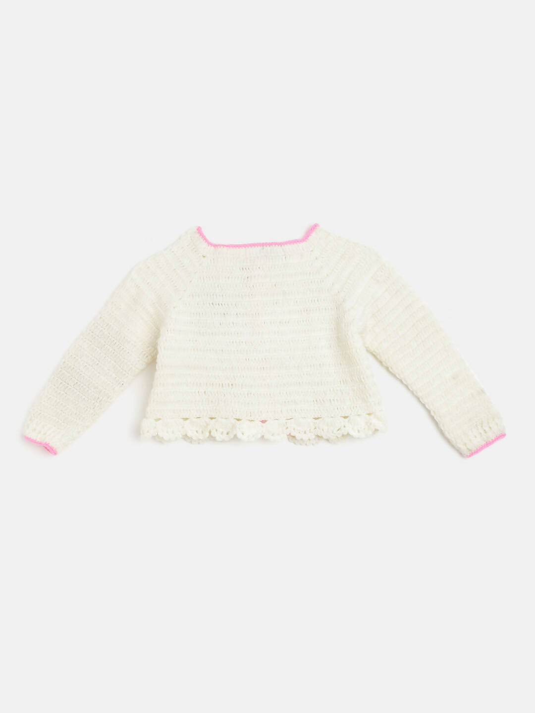 Chutput Kids Woollen Hand Knitted Full Sleeves Cardigan With Short Sleeves Flower Work Dress For Baby Girls - Cream | Grocsy