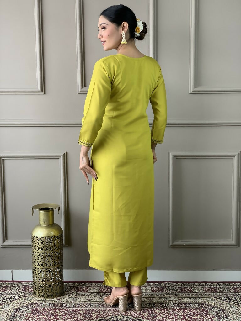 Lemon Viscose chanderi Stitched Suit With Dupatta - Tanisha | Grocsy