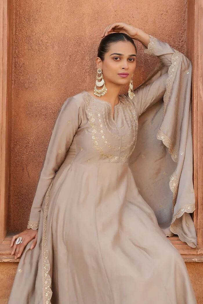 The52 Brown Women's Gorgeous Vichitra Silk Fabric Embroidered Work Flared Anarkali Pant and Dupatta Set | Grocsy