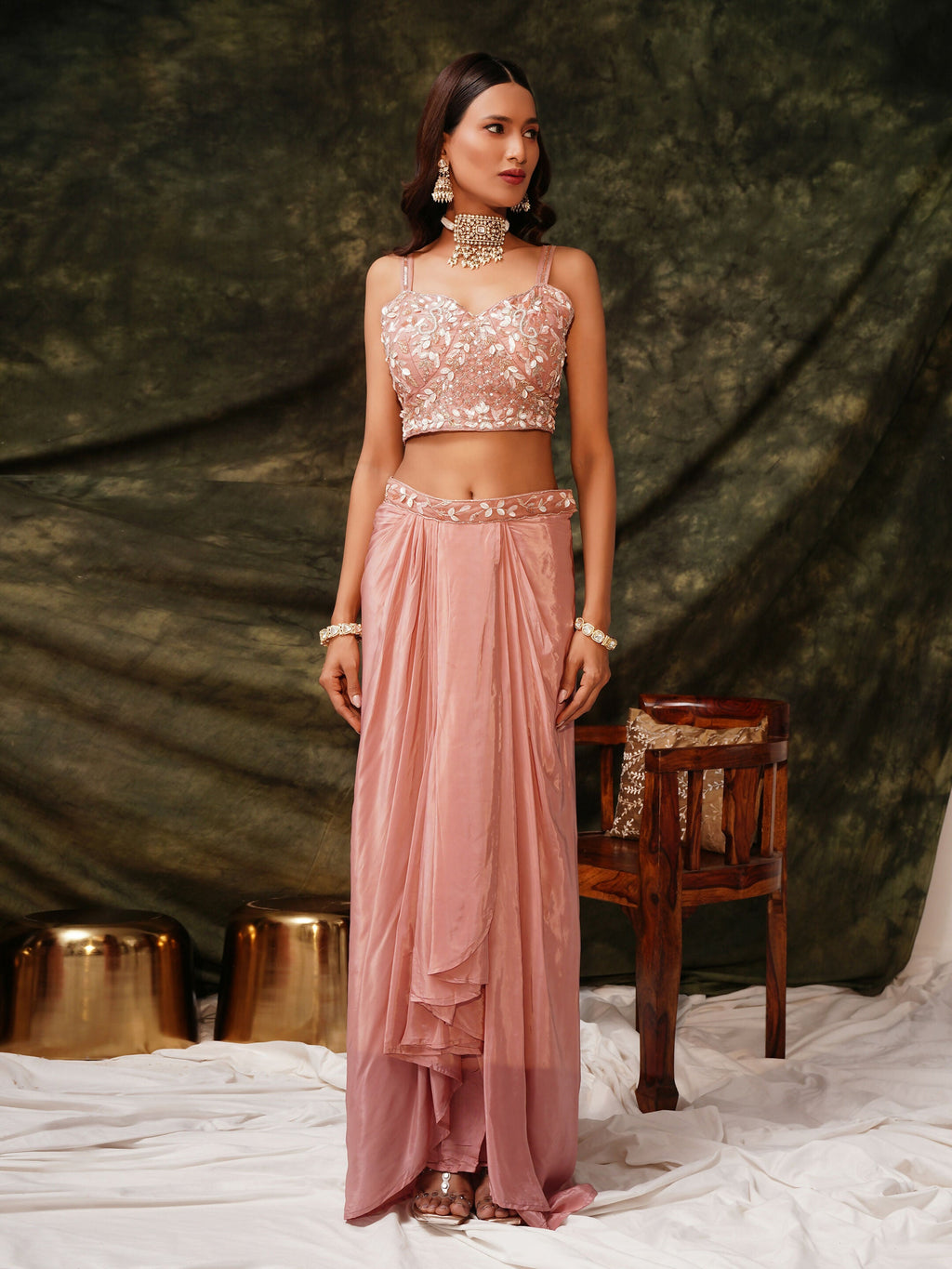 Peach Pure Crepe Handwork Top with Skirt & Shrug - Naomika | Grocsy