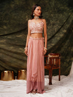 Peach Pure Crepe Handwork Top with Skirt & Shrug - Naomika | Grocsy