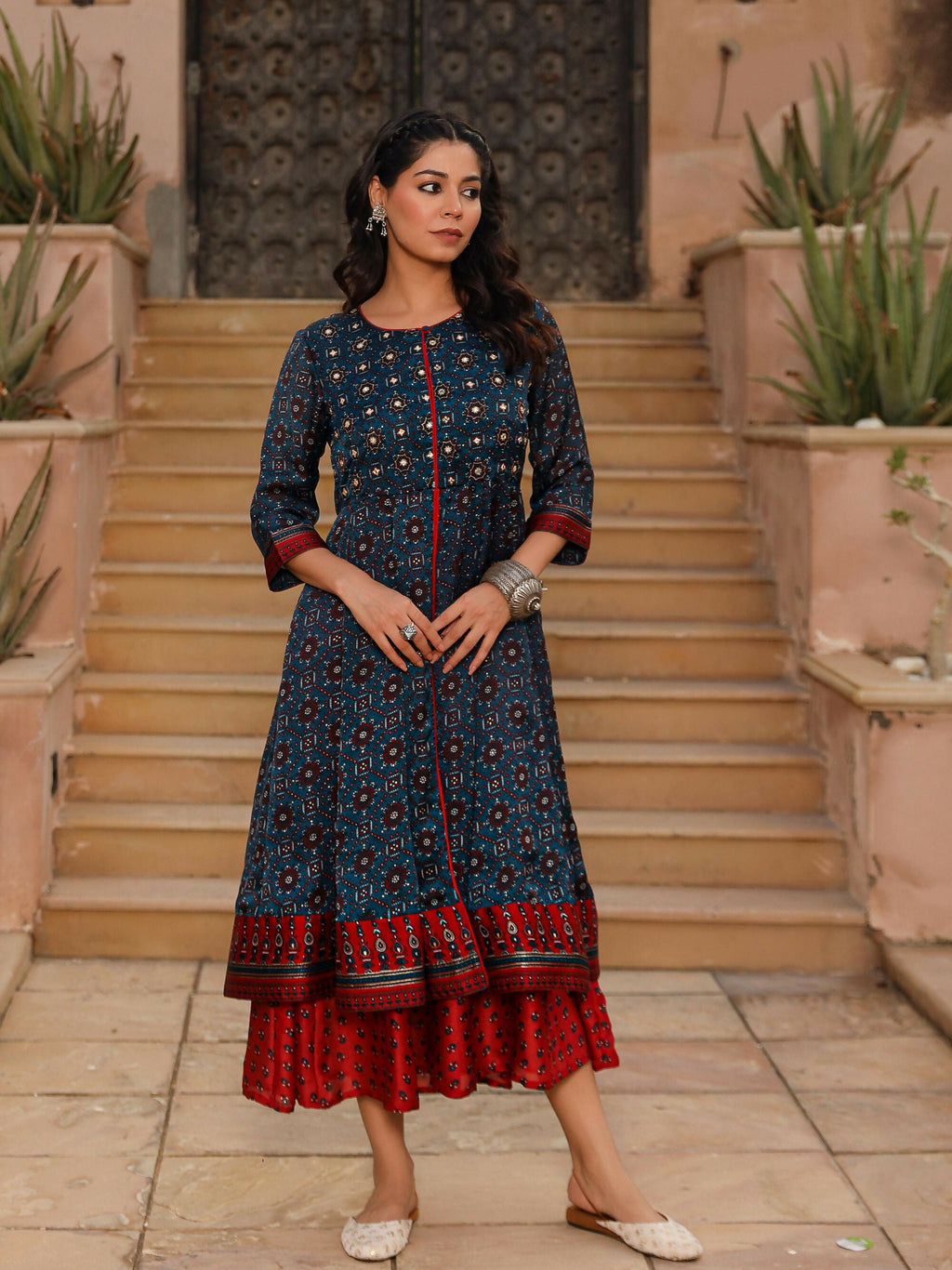 Juniper Women's The Chitrahar Blue Ethnic Motif Printed Cotton Dress With Mirror Work | Grocsy