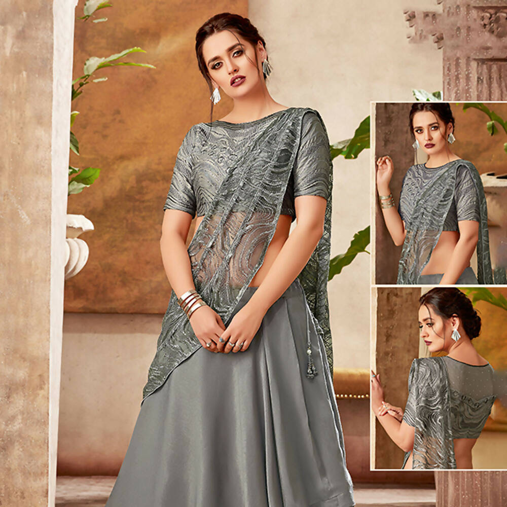 Grey Fancy Velvet Thread, Cord And Sequins Embroidery Semi-Stitched Lehenga Saree - Mohmanthan Dezzy | Grocsy