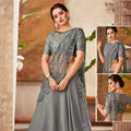 Grey Fancy Velvet Thread, Cord And Sequins Embroidery Semi-Stitched Lehenga Saree - Mohmanthan Dezzy | Grocsy