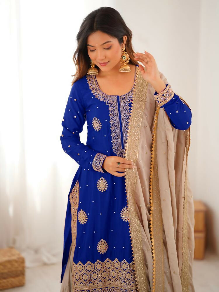 Lehenga Mart Designer Sharara Suit With Kurta, Sharara, Dupatta For Women-Blue | Grocsy