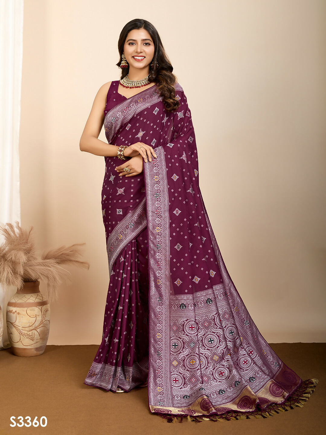 Wine Soft Silk Woven Meenakari Designer Saree - Vedanti | Grocsy