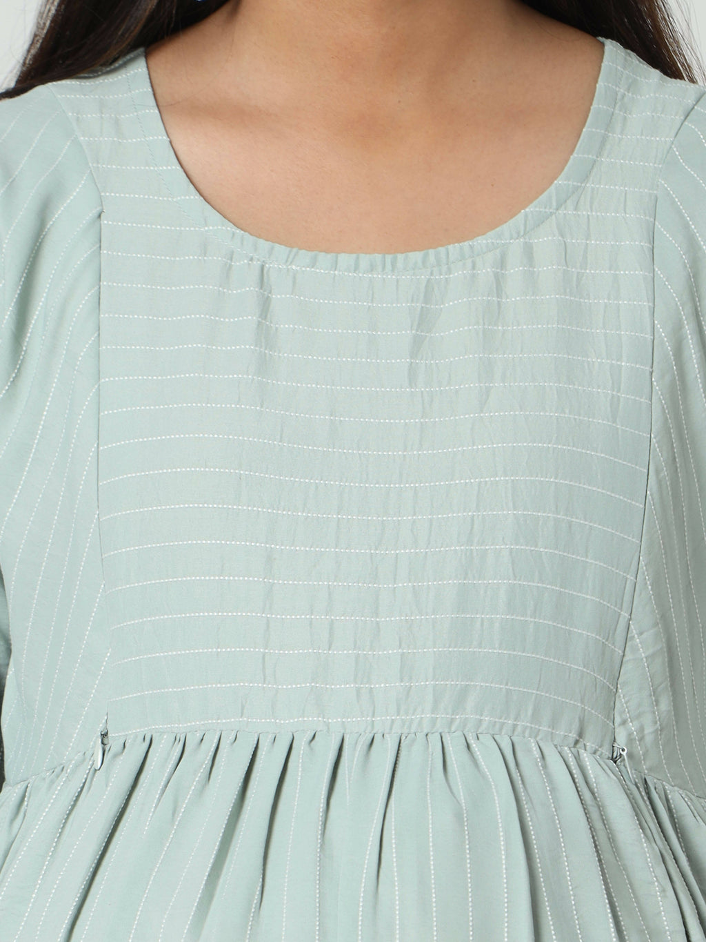 Manet Three Fourth Maternity Dress Striped With Concealed Zipper Nursing Access - Pista Green | Grocsy