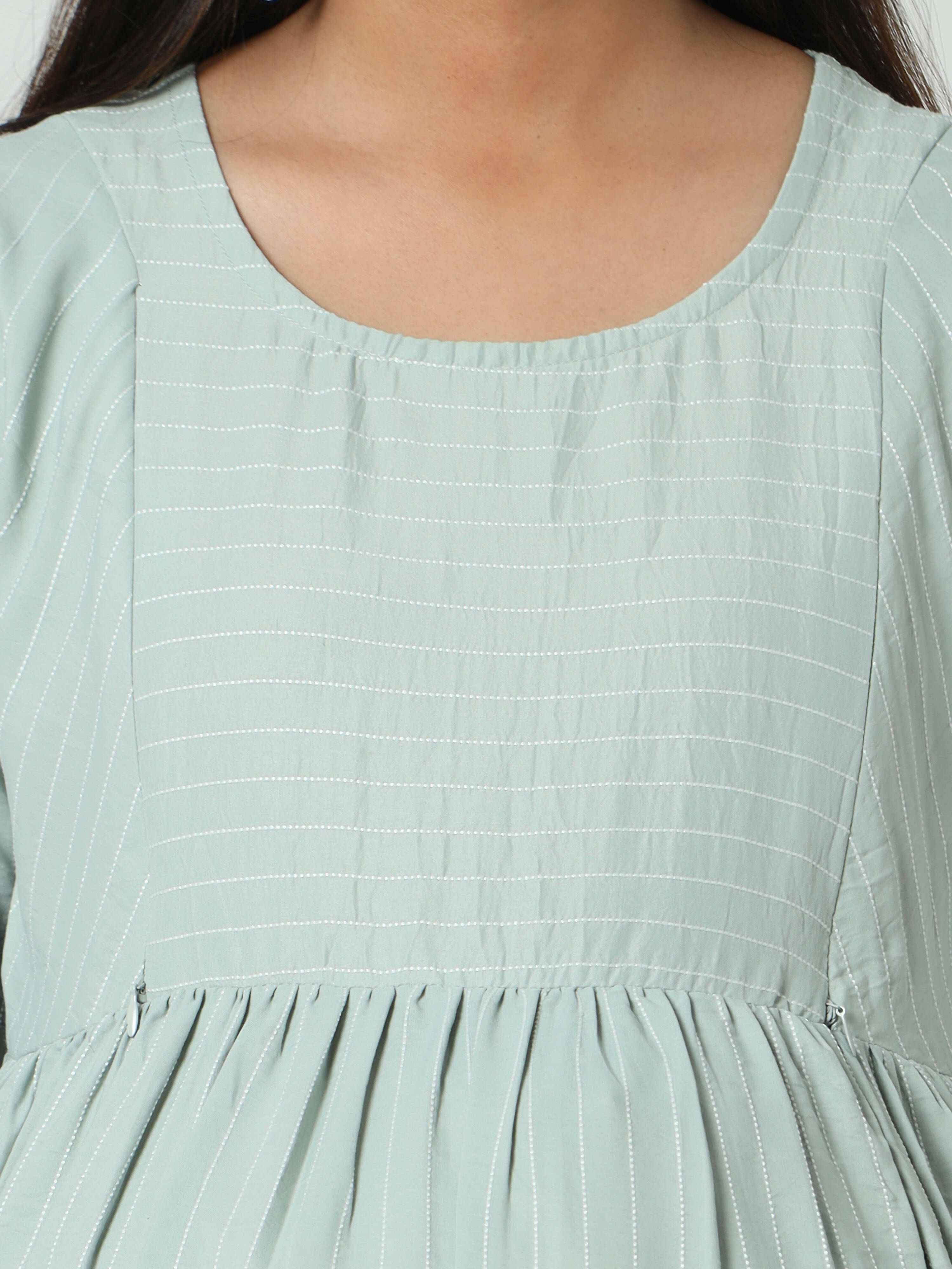 Manet Three Fourth Maternity Dress Striped With Concealed Zipper Nursing Access - Pista Green | Grocsy