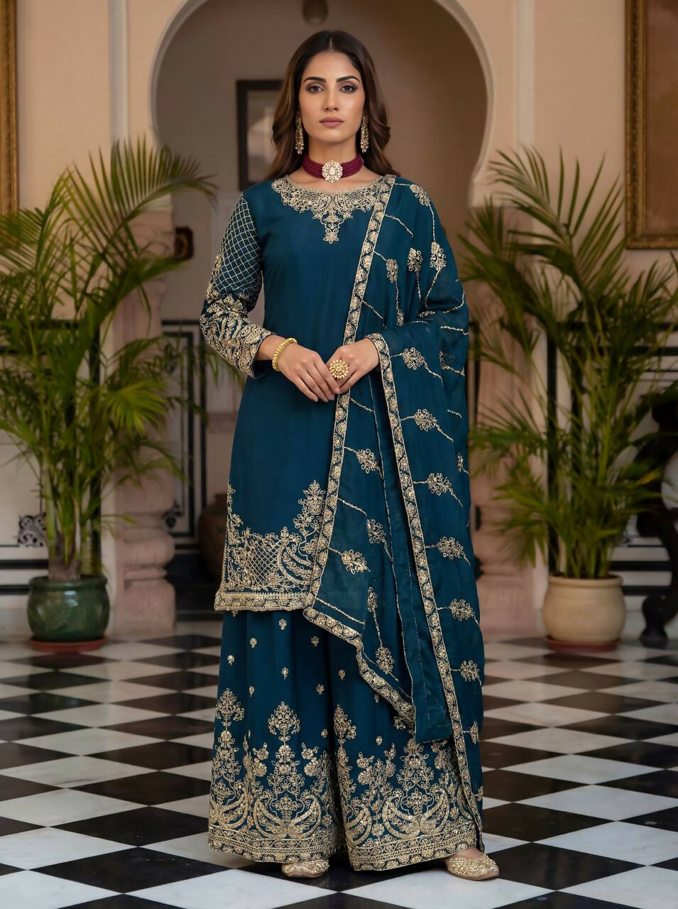 Joban Fashion Teal Silk Embroidered Sharara Set | Grocsy