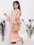 Little Bansi Girls Cotton Gotta Patti Kurta frock with Sharara & Dupatta - Peach | Grocsy