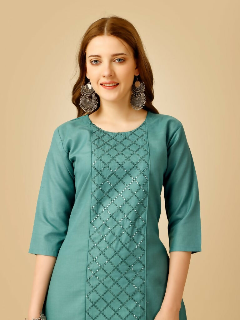 Jyoti Fashion Women's Teal Cotton Blend Embroidered Kurta Pant Set | Grocsy