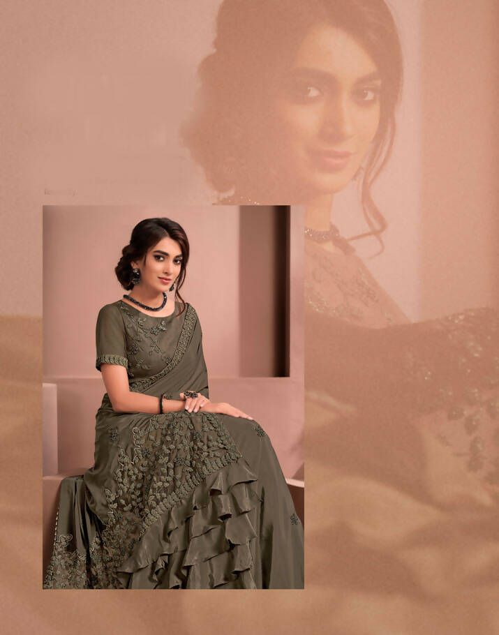 Brown Colored Crepe Embroidered Saree With Unstitched Blouse - Norita Raissa | Grocsy