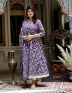 Miravan Women's Flower Printed Blue Anarkali Kurta With Beautiful Border And Dupatta | Grocsy