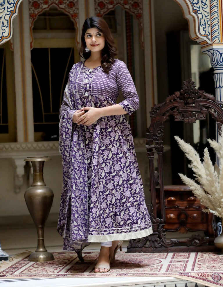 Miravan Women's Flower Printed Blue Anarkali Kurta With Beautiful Border And Dupatta | Grocsy