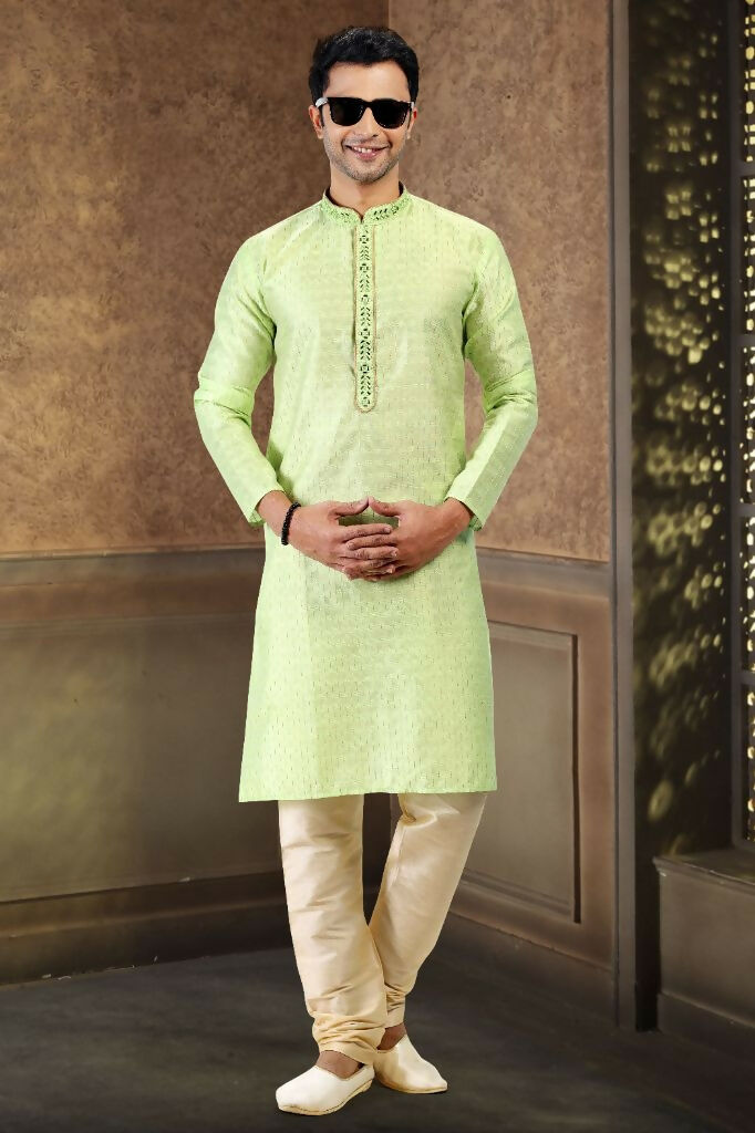 Raivat Ethnic Jacquard Art Silk Mirror and Thread Work Kurta Pajama In Pista Green Colour | Grocsy