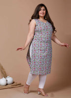 Miravan Women's Plus Size Blue Floral Printed Sleeveless Straight Kurta | Grocsy