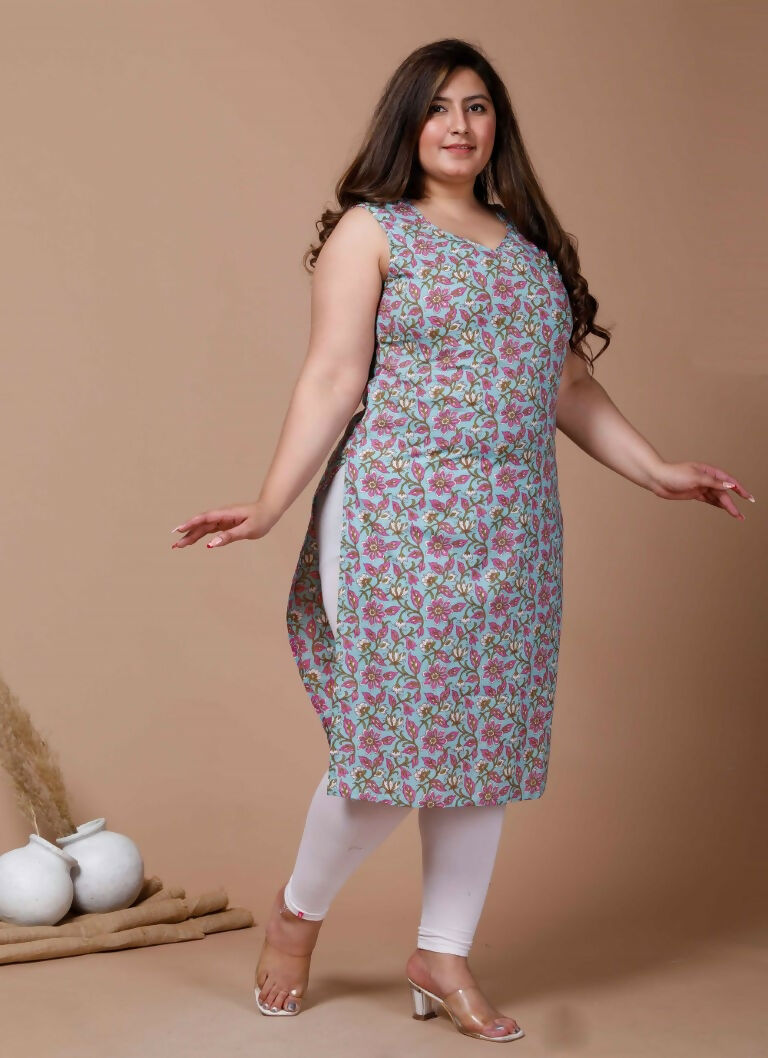 Miravan Women's Plus Size Blue Floral Printed Sleeveless Straight Kurta | Grocsy