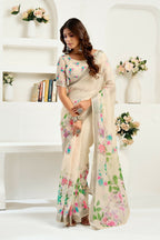 Vastranavya Cream Digital Printed Linen Ready To Wear Designer Saree with Unstitched Blouse | Grocsy