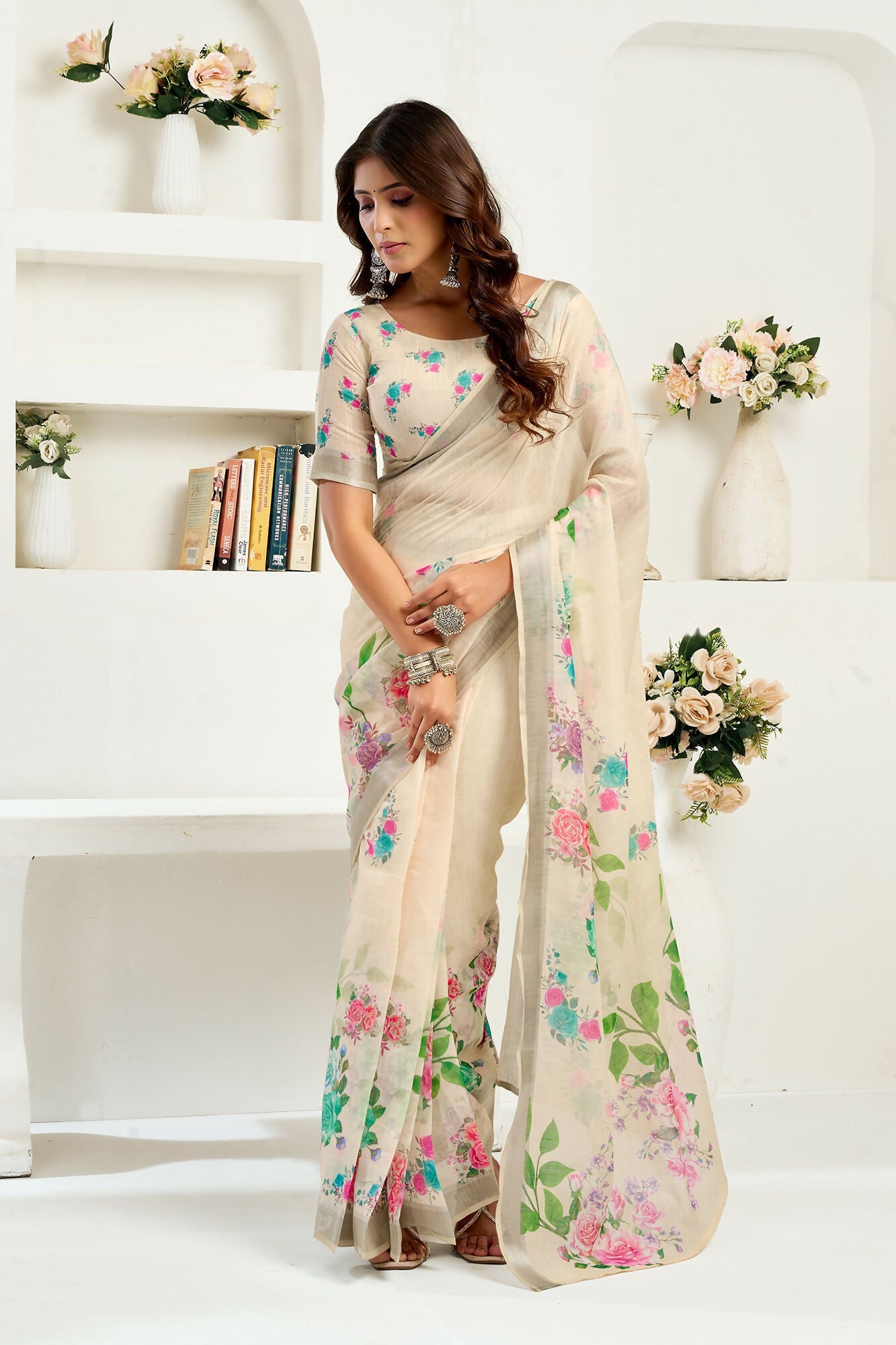 Vastranavya Cream Digital Printed Linen Ready To Wear Designer Saree with Unstitched Blouse | Grocsy