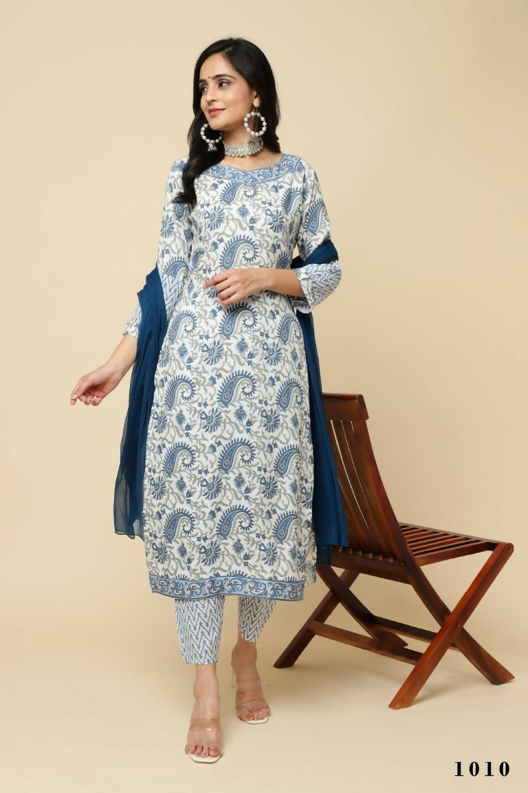 Designer Stylish White Keri cotton Stitched Suit With Dupatta - Tanisha | Grocsy