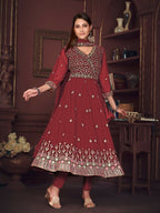 Jyoti Fashion Women's Maroon Georgette Embroidered Anarkali Kurta Pant Set With Dupatta | Grocsy