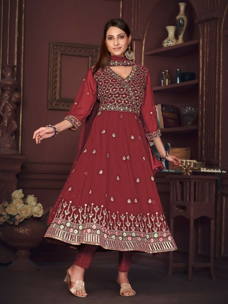Jyoti Fashion Women's Maroon Georgette Embroidered Anarkali Kurta Pant Set With Dupatta | Grocsy