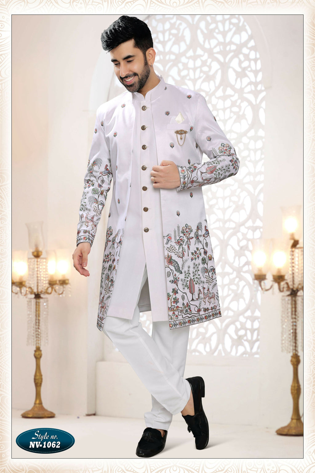 Joban Fashion Men's White Straight Silk Thread And Sequence Embroidery All Over 3 Pc Kurta Set | Grocsy