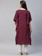 Miravan Women's Floral Printed Cotton Kaftan Kurta In Magenta | Grocsy
