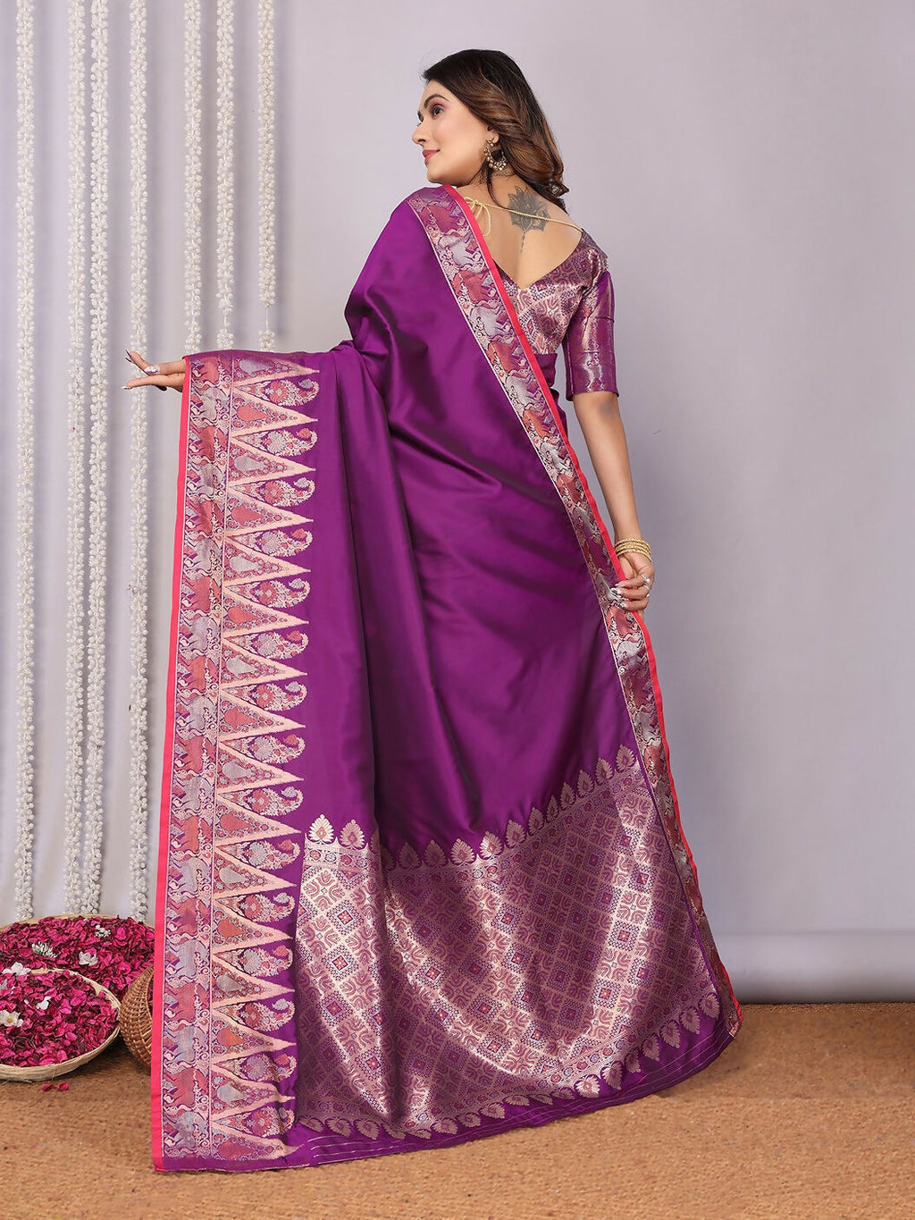 Joban Fashion Banarasi Purple Jacquard Woven Soft Silk Saree | Grocsy