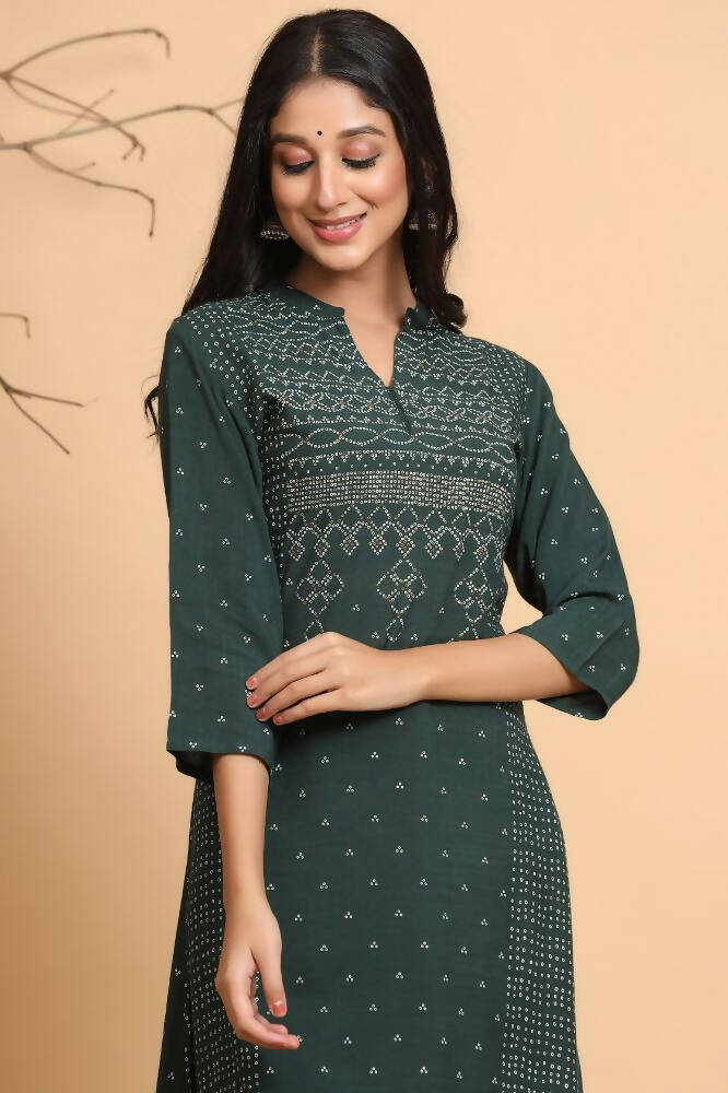 Juniper Women Jade Green Rayon Slub Bandhani Printed A-Line Kurta | Grocsy