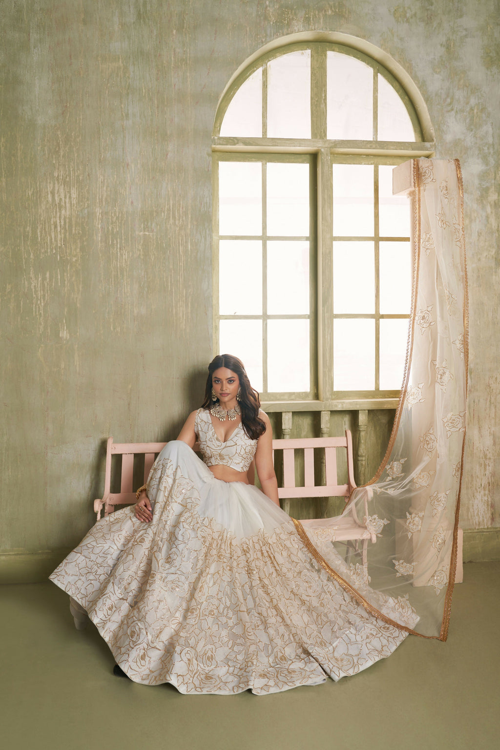 Eilara Off White Net Embroidered, Sequins And Thread Work A - Line Lehenga Choli For Engagement | Grocsy