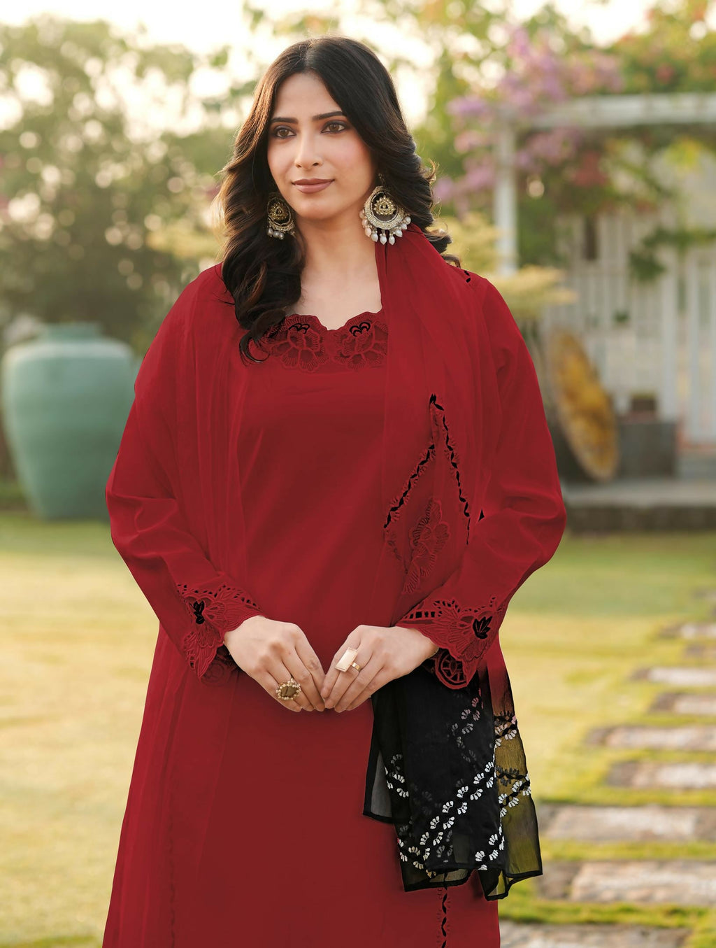 Nikhaar Maroon Embroidered Art Silk Stitched Straight Cut Kurta Palazzo Dupatta Readymade Suit | Grocsy